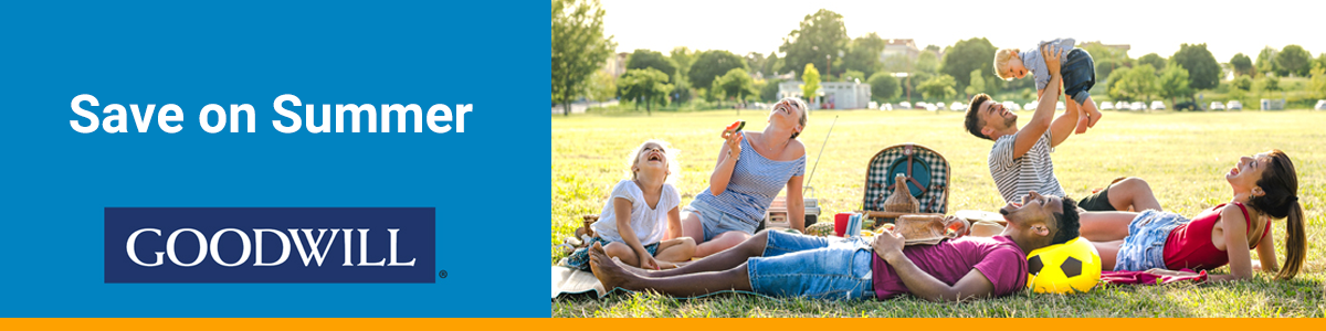 Save on Summer Header: family in a park.