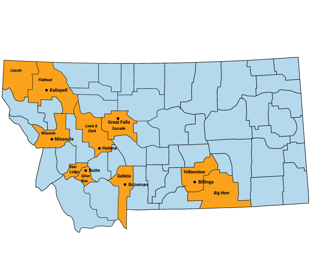 Montana state map with ten counties highlighted: Cascade, Flathead. Lincoln. Lewis & Clark. Missoula. Gallatin. Silver Bow. Deer Lodge, Big Horn and Yellowstone