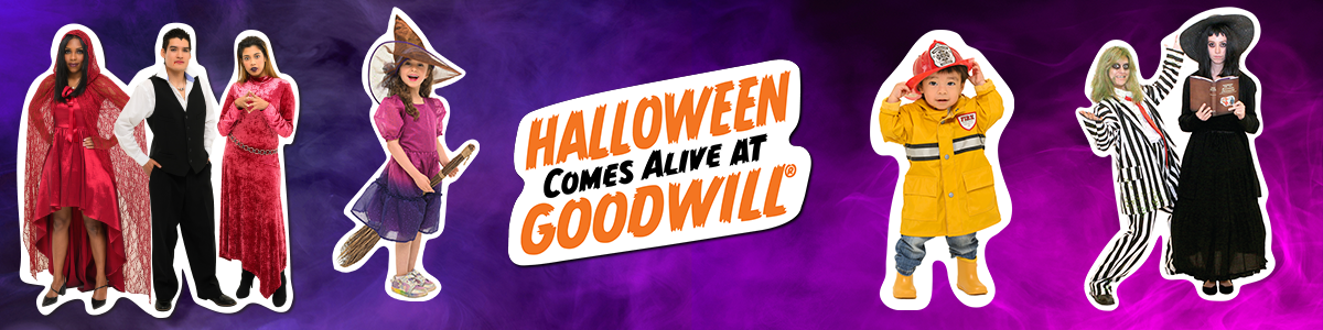 People in Halloween costumes. They include two adult female vampires and one adult male vampire, a little girl as a witch, a little boy as a fireman and two adults as Beetlejuice characters.