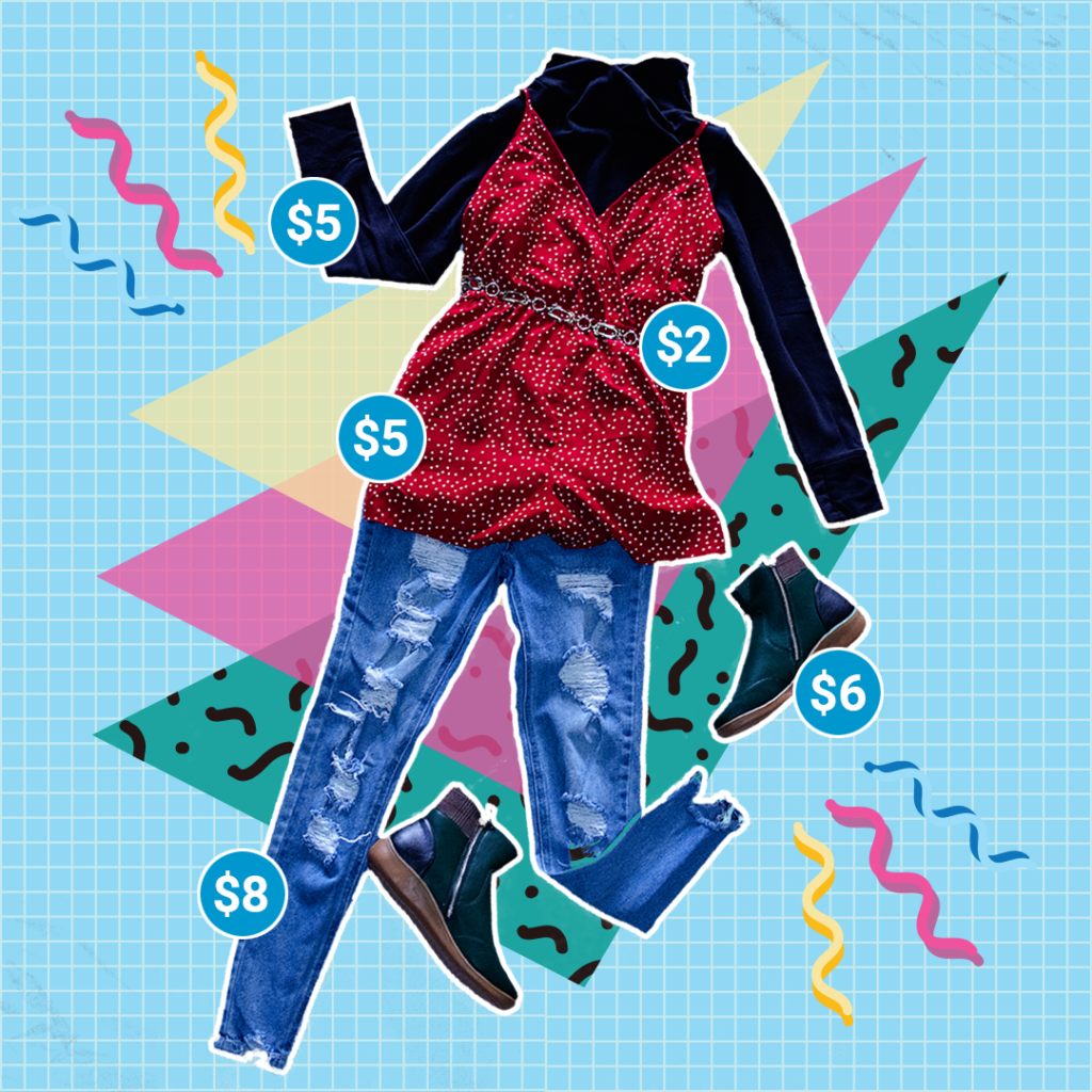 A young girls’ red dress for $5, dark blue long-sleeve turtleneck shirt for $5, blue jeans for $8, and black shoes for $6.