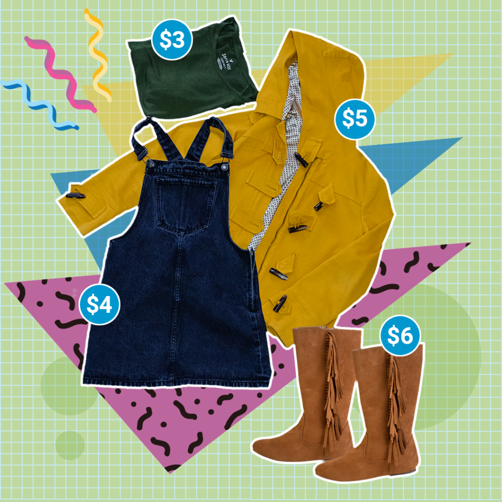 A young girls green t-shirt for $3, yellow coat for $5, blue overall dress for $4, and brown boots for $6.