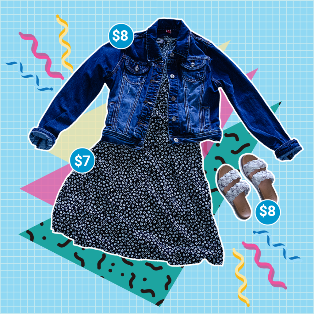 A young girls’ blue denim jacket for $8, black and white dress for $7, and slip-on sandals for $8.