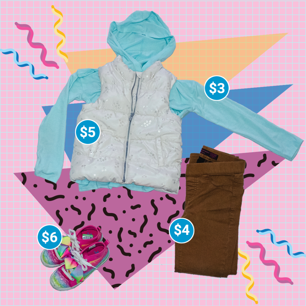 A young girls’ blue jacket for $3, white vest for $5. brown pants for $4, and rainbow shoes for $6.