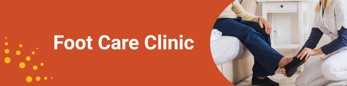 foot care clinic header with a woman putting a shoe on and elderly person.